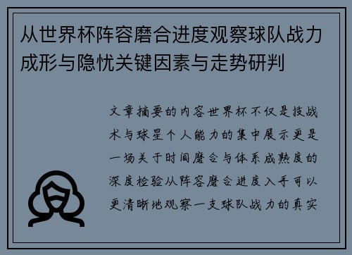 从世界杯阵容磨合进度观察球队战力成形与隐忧关键因素与走势研判