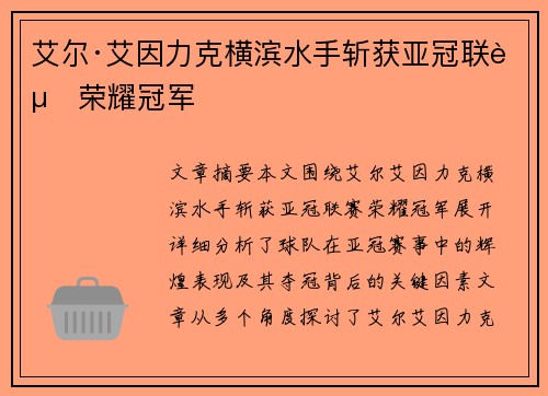 艾尔·艾因力克横滨水手斩获亚冠联赛荣耀冠军