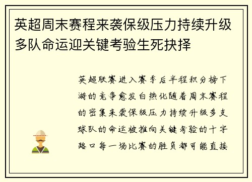 英超周末赛程来袭保级压力持续升级多队命运迎关键考验生死抉择