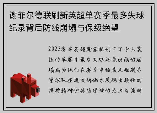 谢菲尔德联刷新英超单赛季最多失球纪录背后防线崩塌与保级绝望 谢菲尔德联刷新英超单赛季最多失球纪录背后防线崩塌与保级绝望